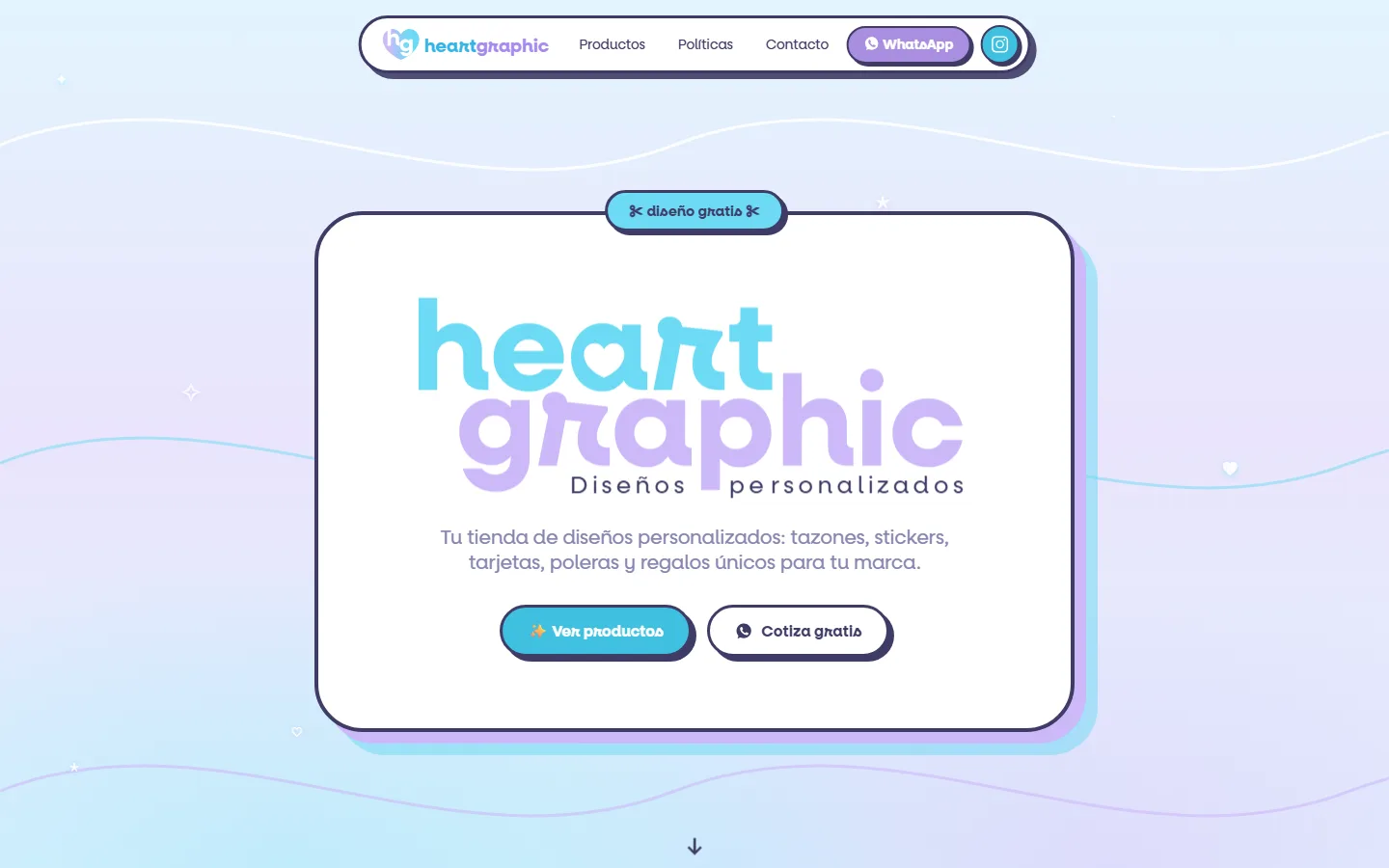 Tienda Heart Graphic en computador: portada con el logo y botones para ver productos y cotizar